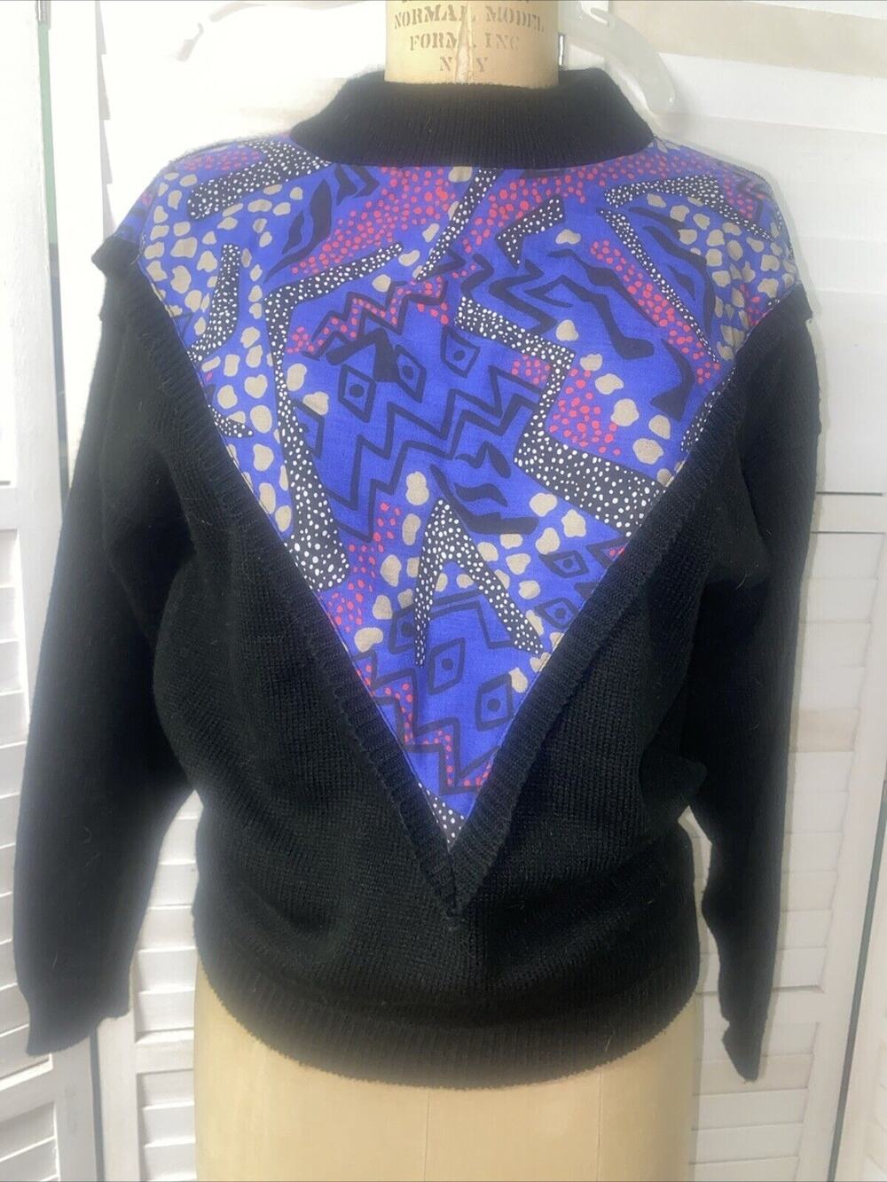 Vintage 80s 90s In Phase Black Knit Sweater Funky Fabric Inset Sz Small USA Made